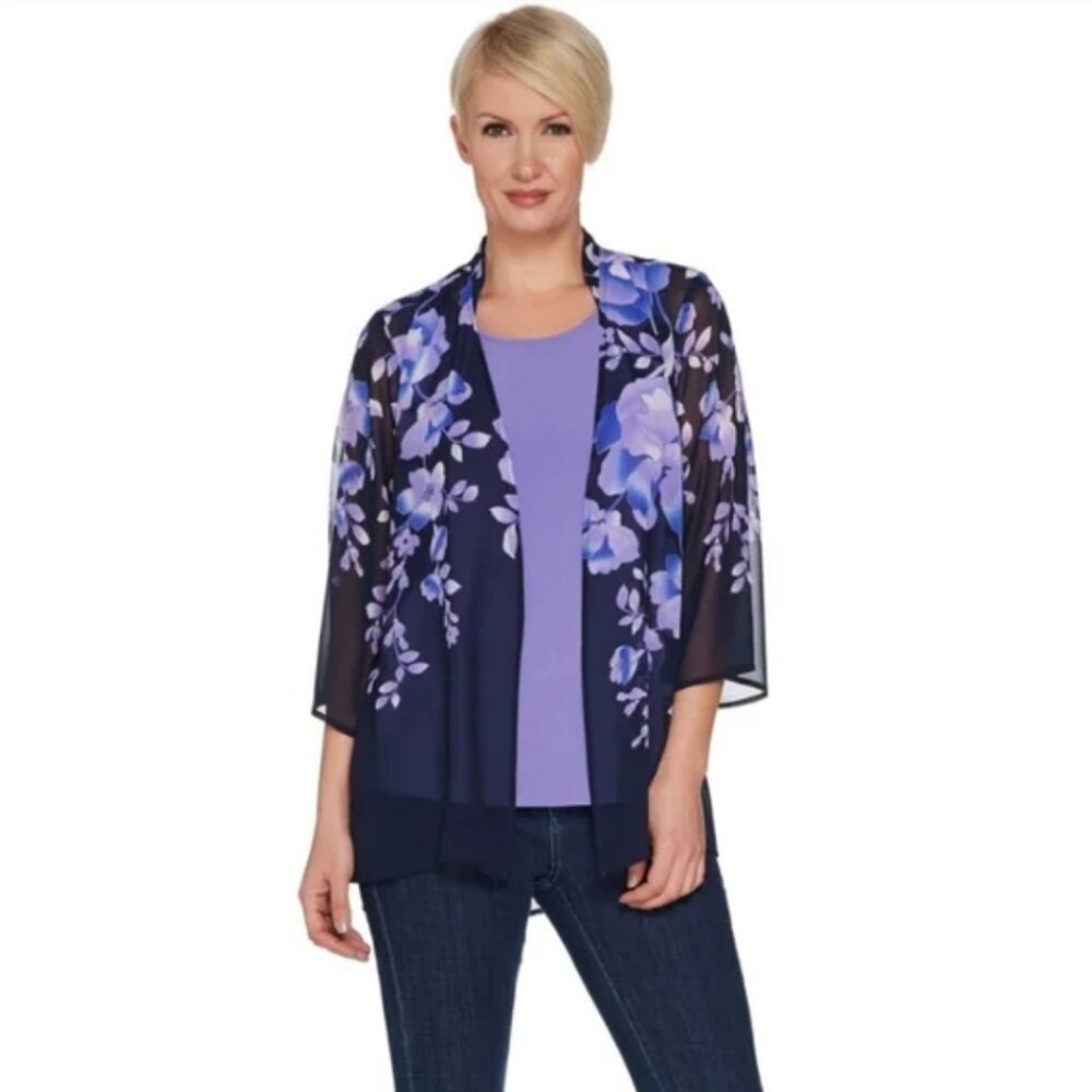 Susan Graver Purple Floral Chiffon Kimono Cardigan